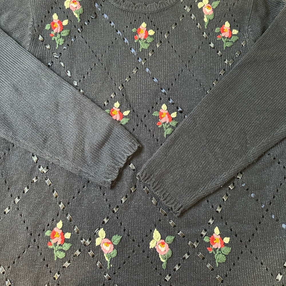 Blue Knit Sweater with Floral Embroidery and Ribbon Detail - Picture 5 of 8